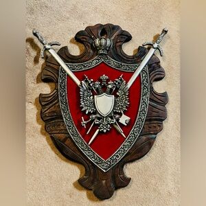Vintage Wood Metal Medieval Knight Shield Crest Wall Coat of Arms 27” x 20”